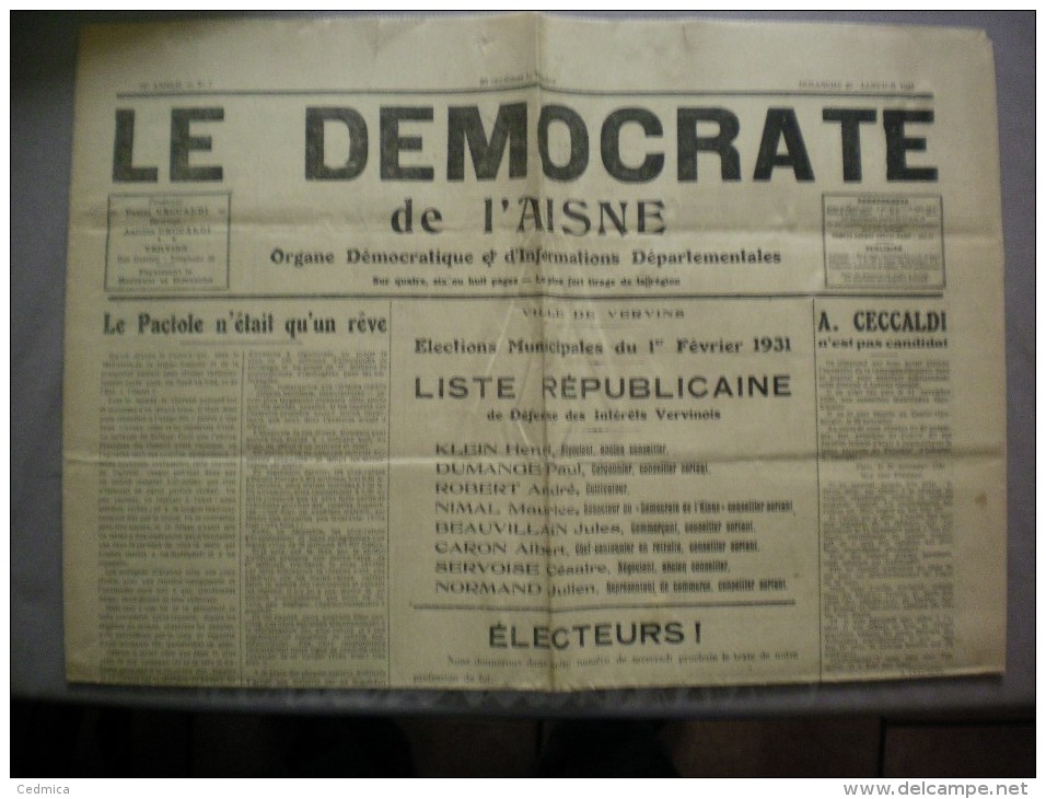 LE DEMOCRATE  DE L´AISNE  N°7  DU DIMANCHE 25 JANVIER 1931 - Autres & Non Classés