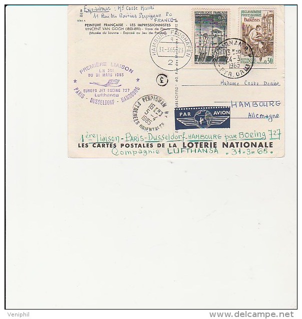 CARTE - PREMIERE LIAISON -PARIS -DUSSELDORF- HAMBOURG - PAR LUFTHANSA -  1965 - Eerste Vluchten