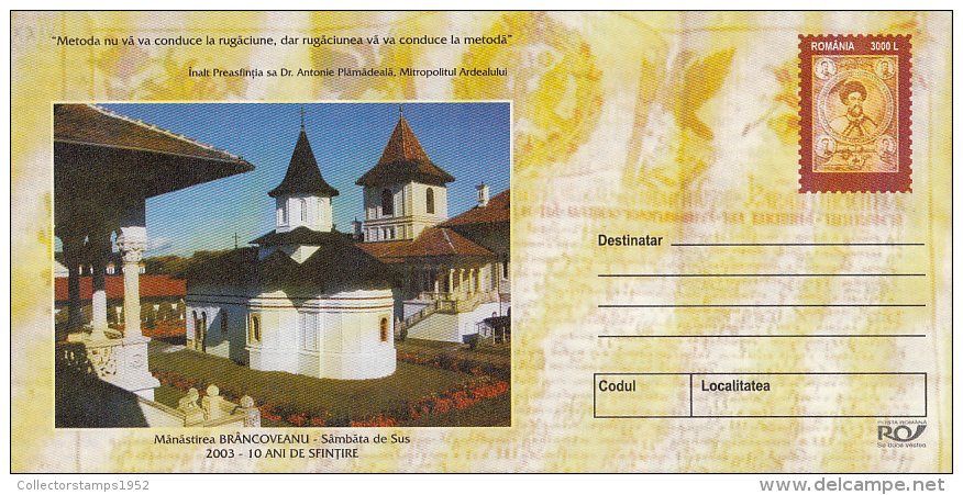 3471FM- SAMBATA DE SUS- BRANCOVEANU MONASTERY, COVER STATIONERY, 2003, ROMANIA - Klöster