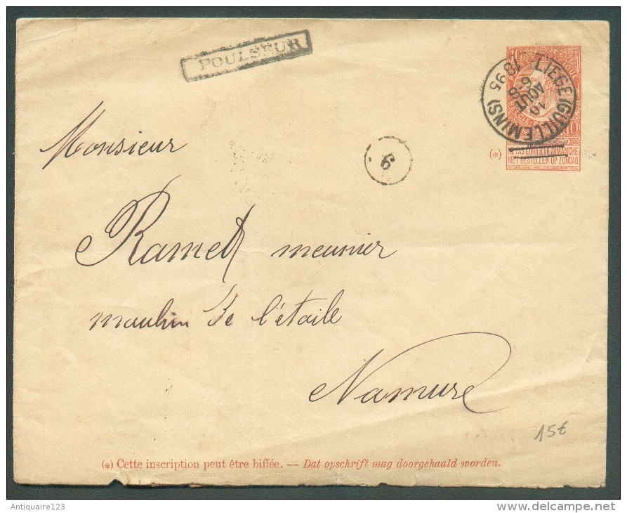 E.P. Enveloppe 10 Centimes Fine Barbe, Obl. Sc LIEGE (GUILLEMINS) Du 10 Août 1895 + Griffe Encadrée POULSEUR Vers Namur. - Sello Lineal