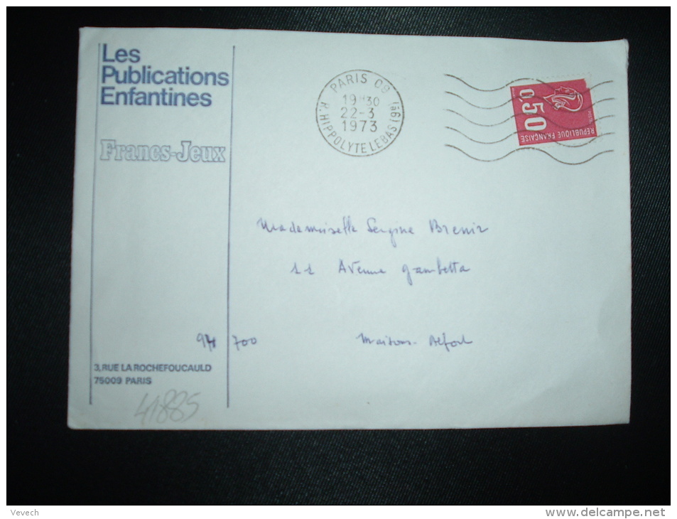 LETTRE TP MARIANNE DE BEQUET 0,50 OBL.MEC.22-3-1973 PARIS 09 LES PUBLICATIONS ENFANTINES + JEUNESSE EN PLEIN AIR 1973 - Cartas & Documentos