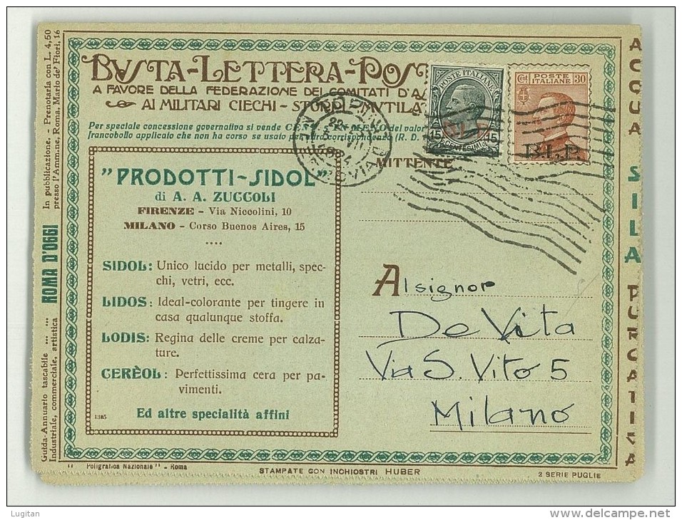 ITALIA REGNO - BUSTA LETTERA PARLANTE - PRODOTTI SIDOL - B.L.P. - 15 C. + 30 C. - Stamps For Advertising Covers (BLP)