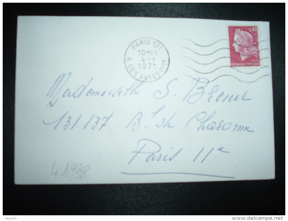 LETTRE TP MARIANNE DE CHEFFER 0,40 OBL.MEC.4-1-1971 PARIS 18 + PREMIER JOUR TARIF URGENT 0,50 (TOLERANCE) - 1967-1970 Maríanne De Cheffer