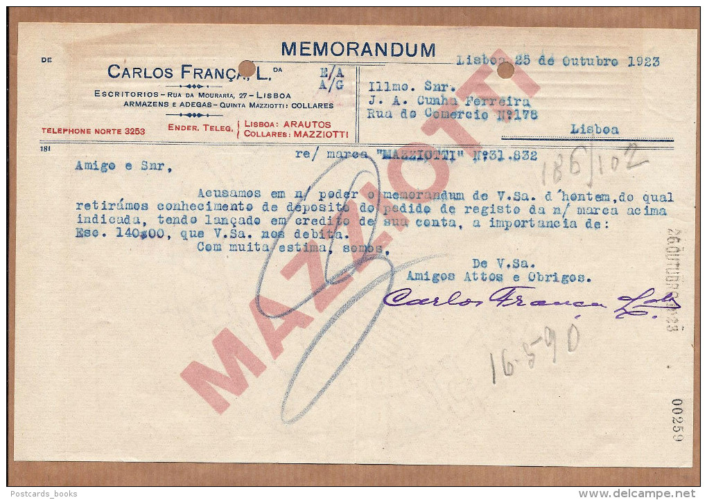 CARLOS FRANÇA - Quinta Mazziotti / COLARES / SINTRA. 1920s Carta Papel Timbrado PORTUGAL - Portugal