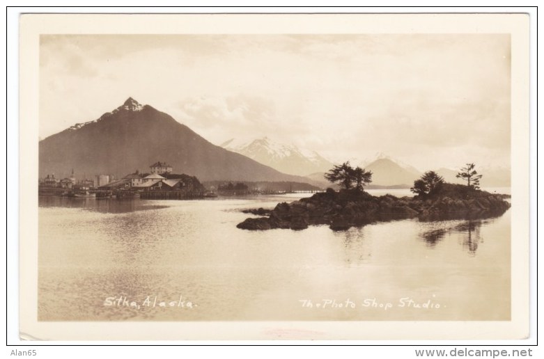 Sitka Alaska, View Of Town Waterfront From Water, Islands, Mountains, C1910s/20s Real Photo Postcard - Sitka