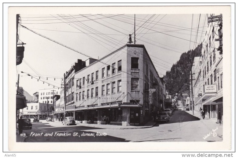 Juneau Alaska, Front &amp; Franklin Street Scene, Business District, Auto, Drug Store Sign, C1940s/50s Real Photo Postca - Juneau