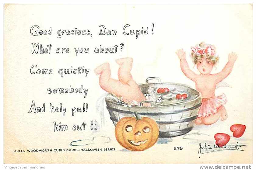 232175-Halloween, FA Owen No 879, JOL, Julia Woodward, Cupid Falls In Water Barrel, 1913 PM - Halloween