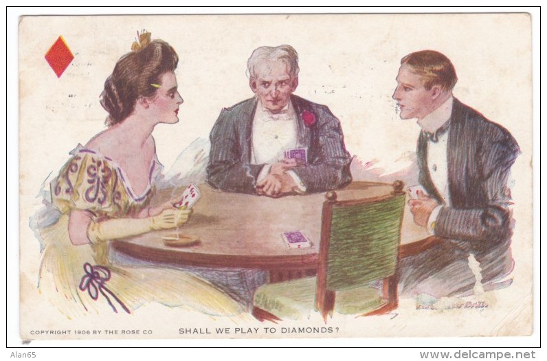 Artist Image Romance Couple Plays Bridge 'Shall We Play To Diamonds' Marriage, C1900s Vintage Postcard - Playing Cards