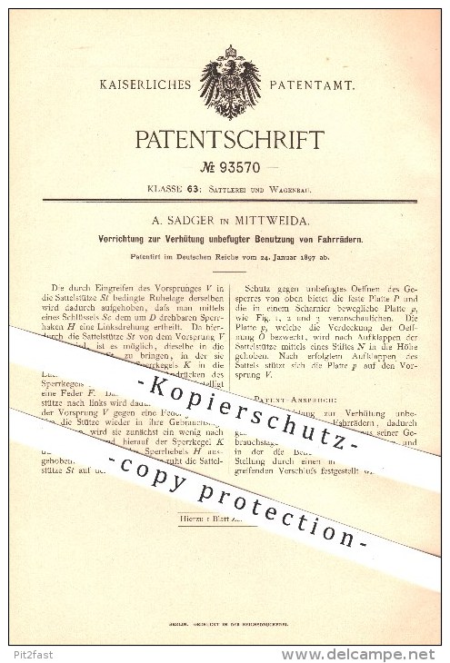 Original Patent - A. Sadger In Mittweida , 1897 , Diebstahlschutz Am Fahrrad , Fahrräder , Sattel , Schloss , Verschluss - Historische Dokumente