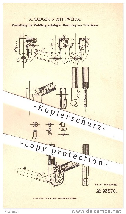 Original Patent - A. Sadger In Mittweida , 1897 , Diebstahlschutz Am Fahrrad , Fahrräder , Sattel , Schloss , Verschluss - Historische Dokumente