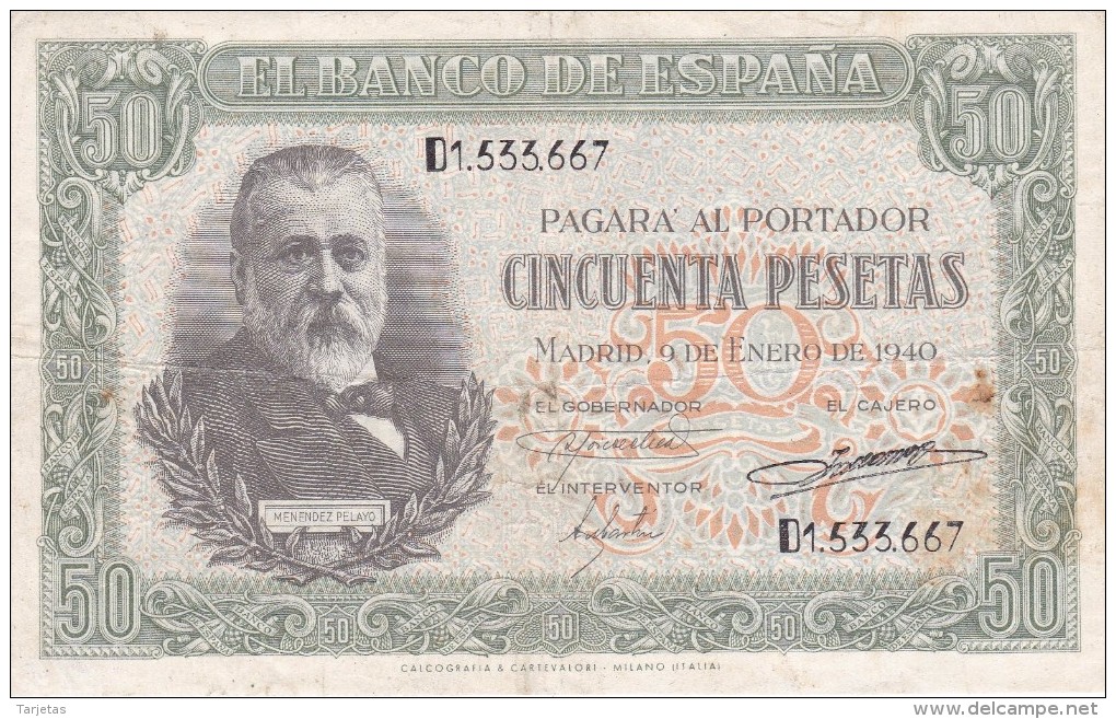 BILLETE DE ESPAÑA DE 50 PTAS DEL 9/01/1940 SERIE D CALIDAD  BC++ (BANKNOTE) - 50 Pesetas