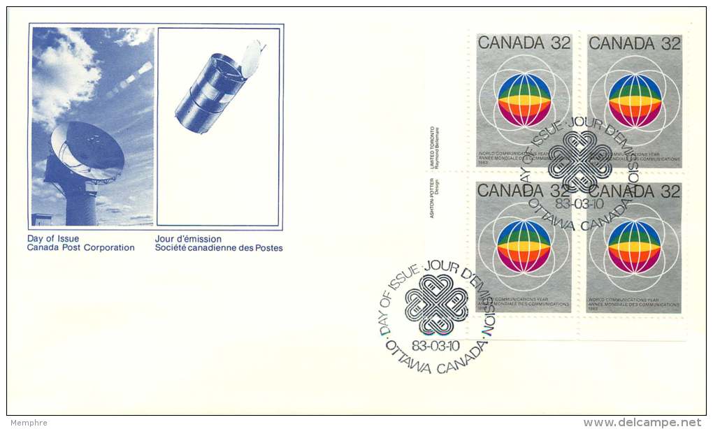 1983  World Communication Year   LL Plate Block  Sc 976 - 1981-1990