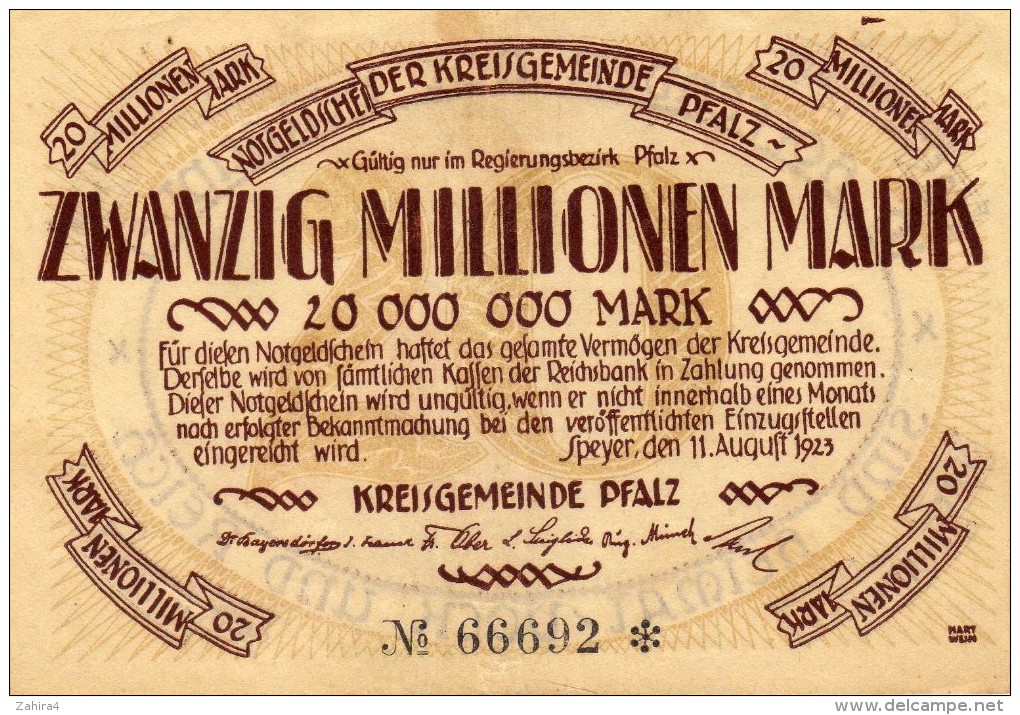 Zwanzig Millionen Mark - Kreisgemeinde Pfalz - N° 66692 - In Hoffender Not Verbunden  Sind Heimat/vock Und Riech - 20 Mio. Mark