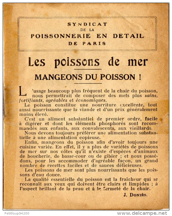 LIVRET RECETTES:LES POISSONS DE MER  Syndicat De La Poissonnerie En Détail De Paris  ANNEES 1900 - Gastronomia