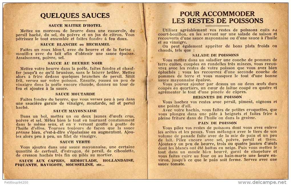 LIVRET RECETTES:LES POISSONS DE MER  Syndicat De La Poissonnerie En Détail De Paris  ANNEES 1900 - Gastronomia