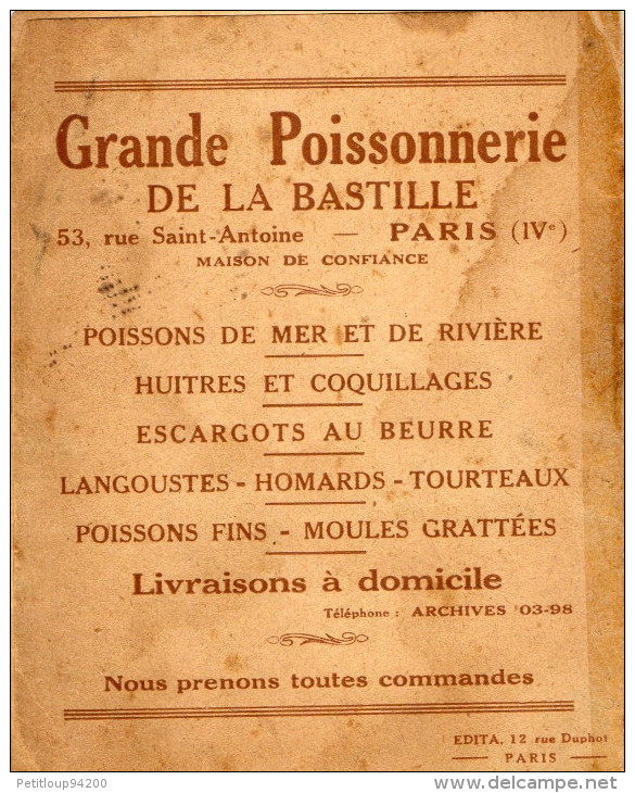LIVRET RECETTES:LES POISSONS DE MER  Syndicat De La Poissonnerie En Détail De Paris  ANNEES 1900 - Gastronomia