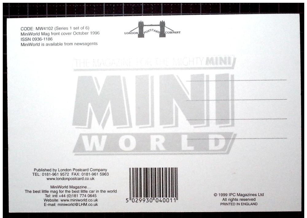 Mini World  Postcard, October 1997  Magazine - Passenger Cars