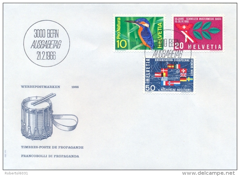 Switzerland 1966 FDC European Kingfisher -  50th Trade Fair Of Basel - CERN European Organisation For Nuclear Research - FDC