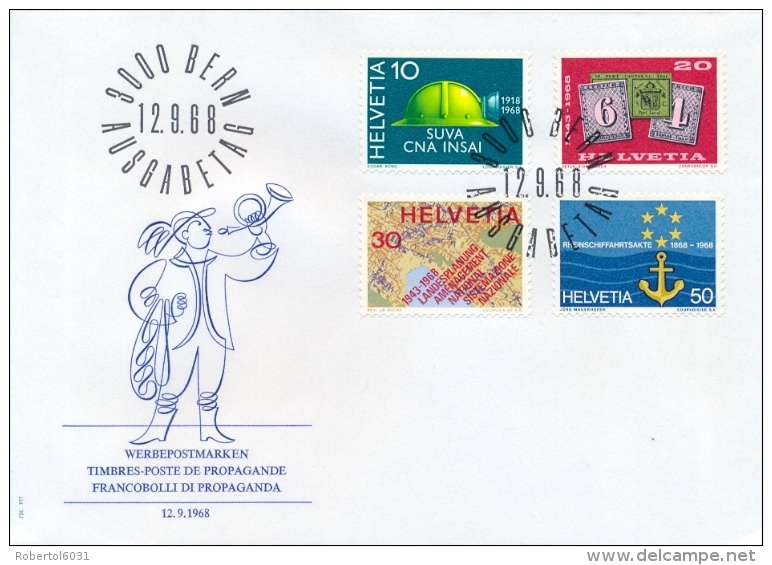 Switzerland 1968 FDC Accident Insurance Company - 125th Swiss Postage Stamps - Territorial Planning - Rhine Navigation - FDC