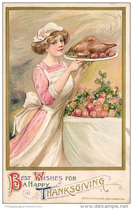 234543-Thanksgiving, Winsch 1911 No WIN01-1, Samuel Schmucker, Woman Carrying A Cooked Turkey On A Platter, Litho - Giorno Del Ringraziamento