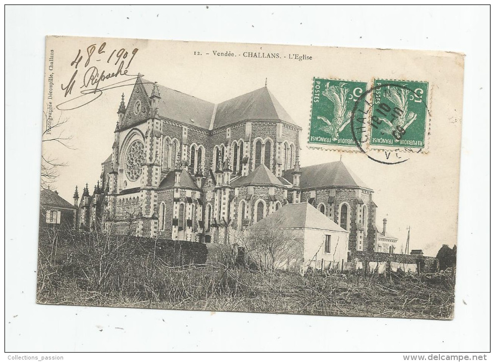 Cp , 85 , CHALLANS , L'église , Voyagée 1908 - Challans