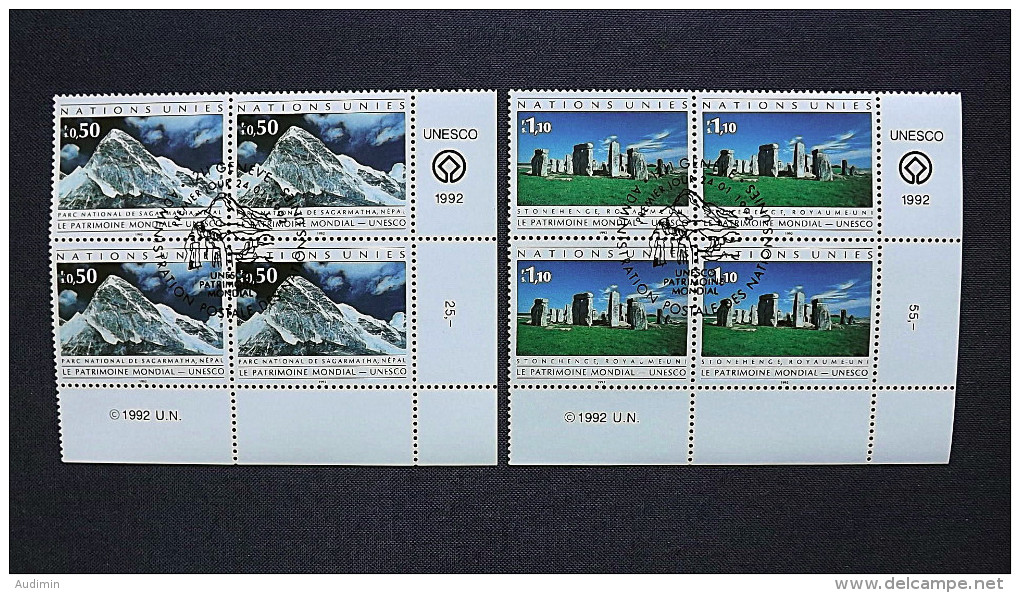 UNO-Genf 210/1 Eckrandviererblock ´D´, Oo/ESST, UNESCO Welterbe, Sagarmatha-Nationalpark, Nepal, Stonehenge, Großbrit. - Used Stamps