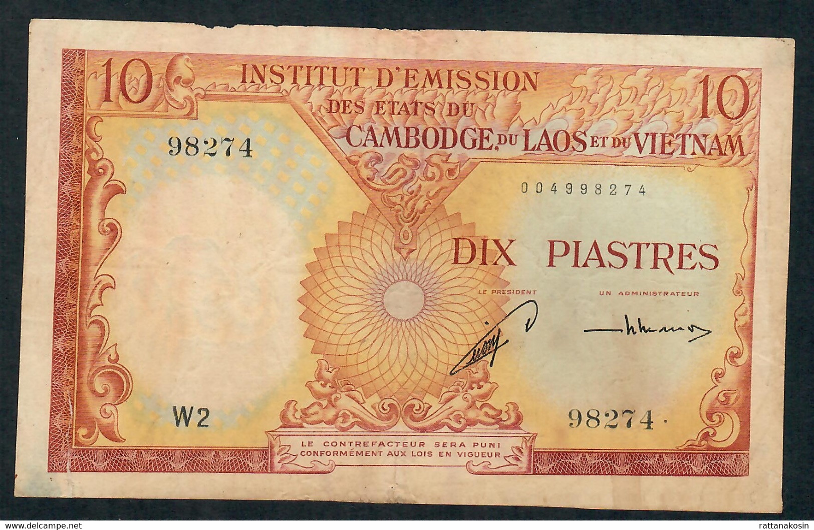 FRENCH INDOCHINA  P96a  10 PIASTRES  1953 VG TEAR - Indochine
