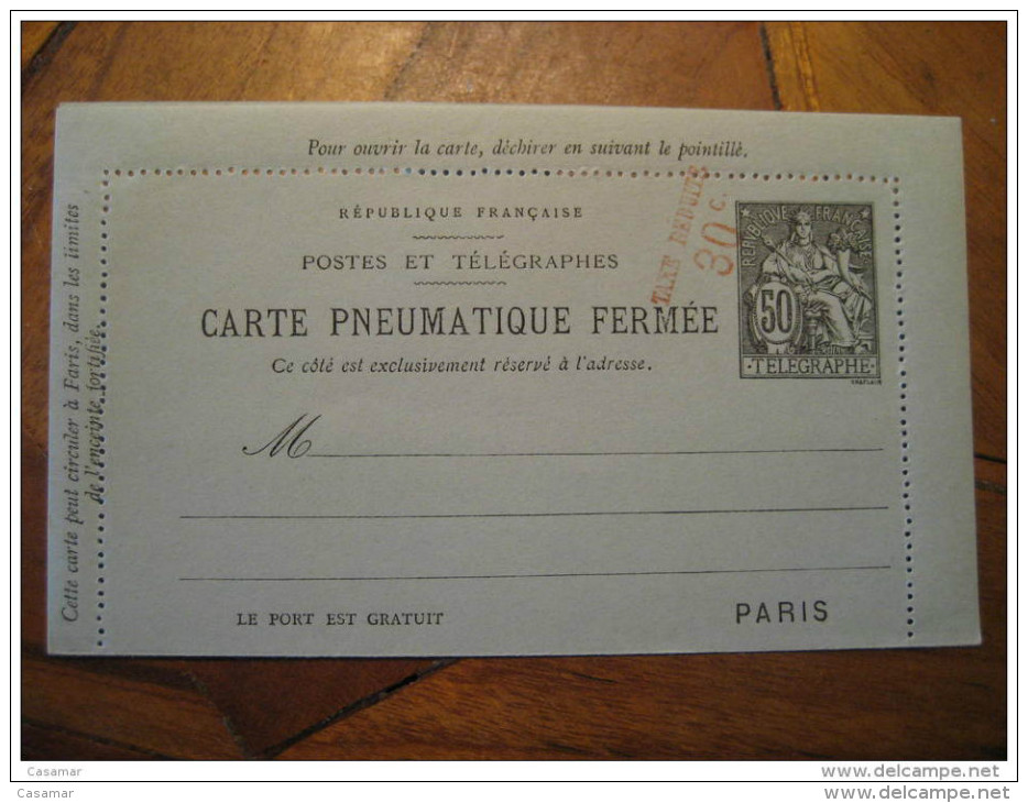 Carte PNEUMATIQUE Fermee Overprinted Taxe Reduite 30c TELEGRAPHE 50c Postal Stationery Card France - Pneumatische Post