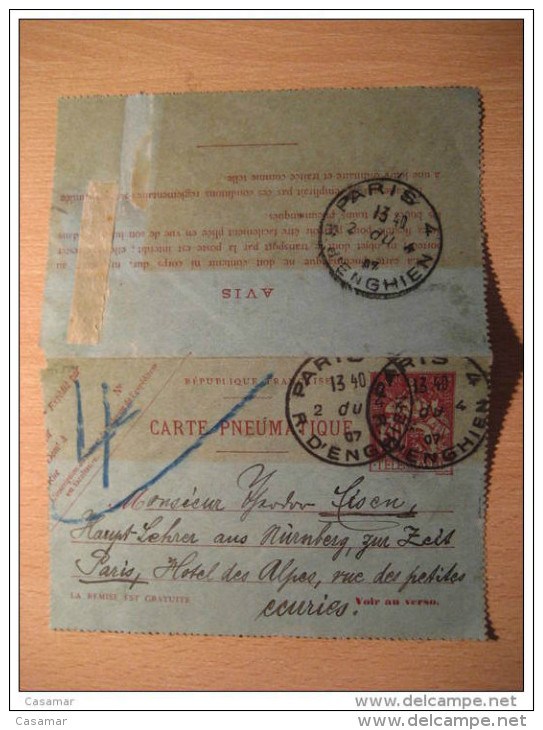 Paris R. D' Enghien 1907 To Hotel Des Alpes Carte PNEUMATIQUE France - Pneumatische Post
