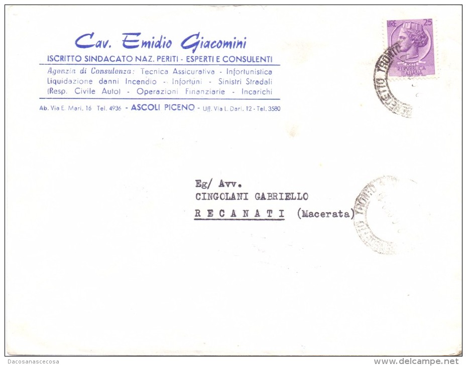 CAV.EMIDIO GIACOMINI - ASCOLI PICENO - F.TO 12X18 -  LS - ANNO 1959 - TEMA TOPIC COMUNI D'ITALIA - STORIA POSTALE - Macchine Per Obliterare (EMA)