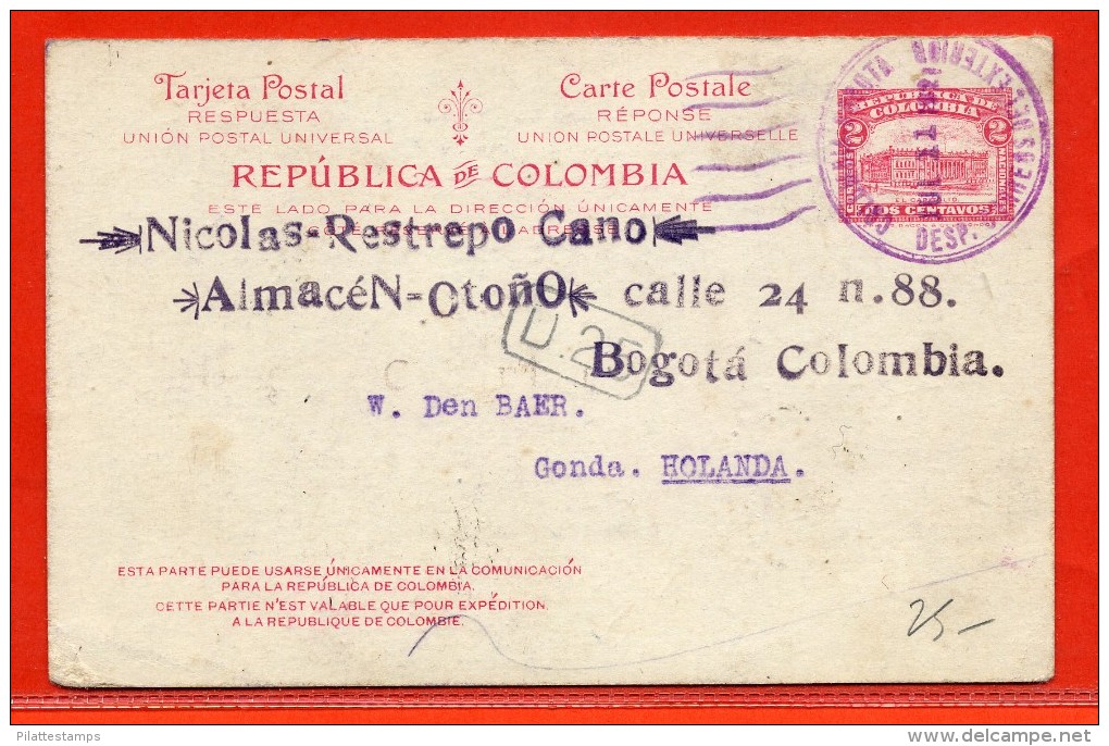 COLOMBIE ENTIER POSTAL DE 1921 DE BOGOTA POUR GOUDA PAYS-BAS - Costa Rica