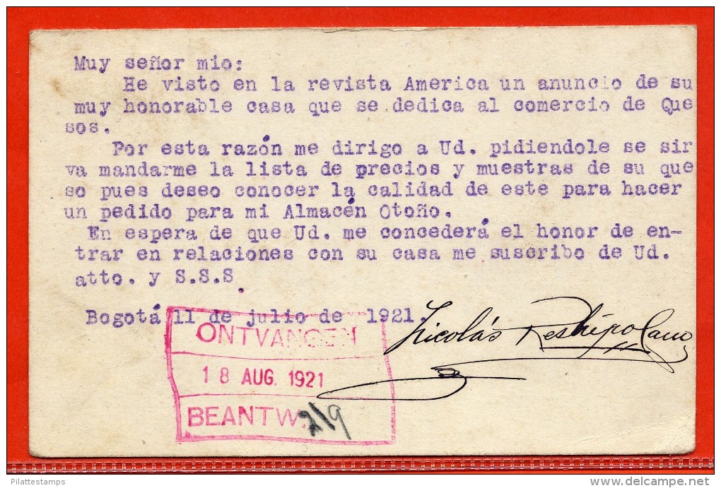 COLOMBIE ENTIER POSTAL DE 1921 DE BOGOTA POUR GOUDA PAYS-BAS - Costa Rica