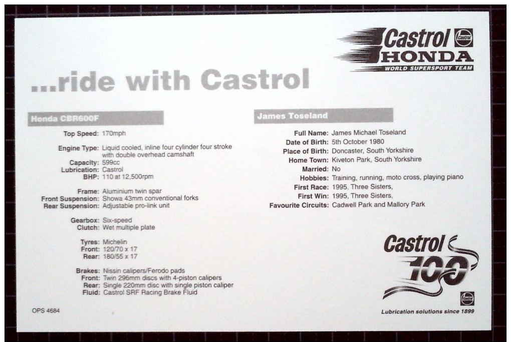 Castrol Postcard, Castrol Honda 100 Years, James Toseland - Motos