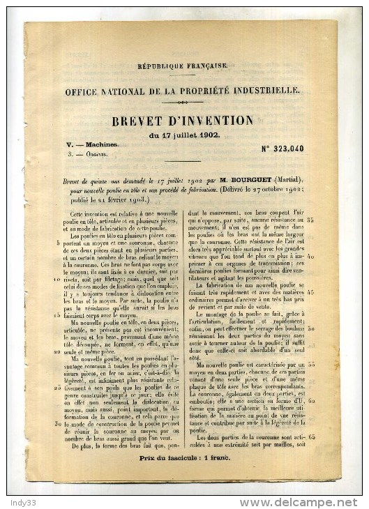 - NOUVELLE POULIE EN TÔLE . BREVET D´INVENTION DE 1902 . - Autres & Non Classés