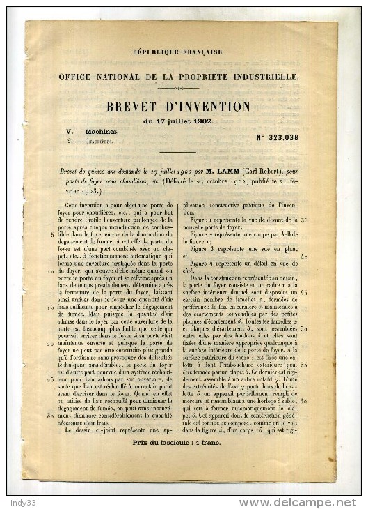 - FOYER DE CHAUDIERE . BREVET D´INVENTION DE 1902 . - Autres & Non Classés