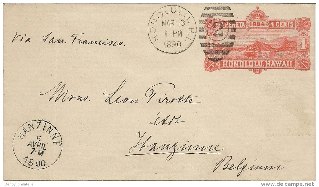 Entier Postal De Hawai De 1890, Pour La Belgique , Avec Cachet D´arrivée Hanzinne 6 Avril 1890 RRR - Hawaii