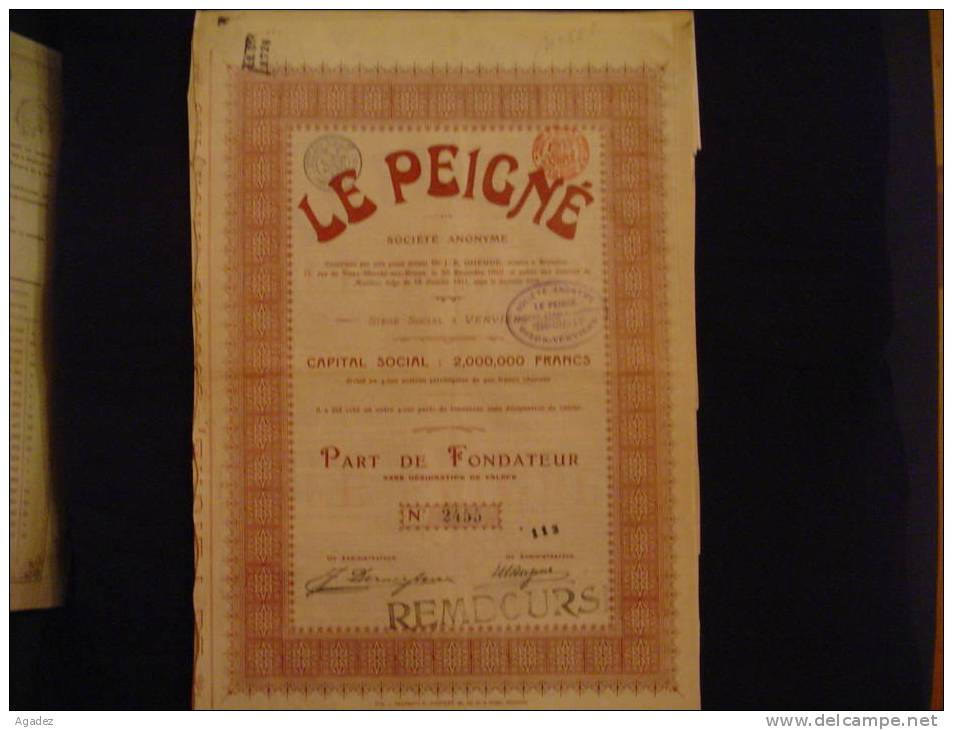 Part De Fondateur"Le Peigné" Dison Verviers 1911 Textile Bon état.. - Textiel