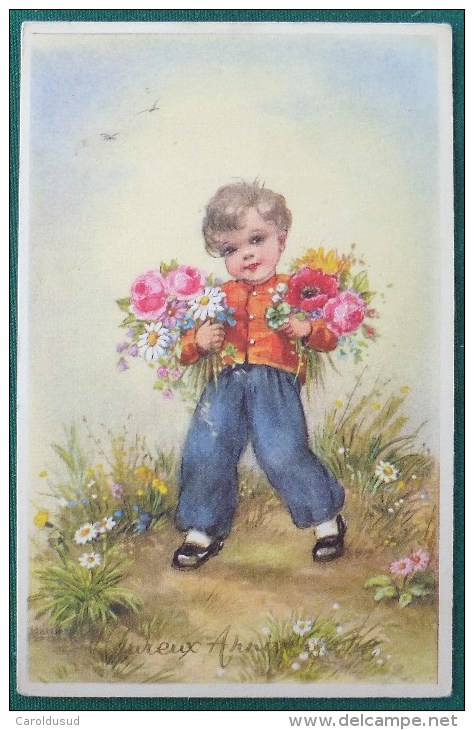 Cp Litho Illustrateur HANNES PETERSEN Fete Anniversaire Enfant Portant Bouquet Fleur Ecrite 1942 - Petersen, Hannes