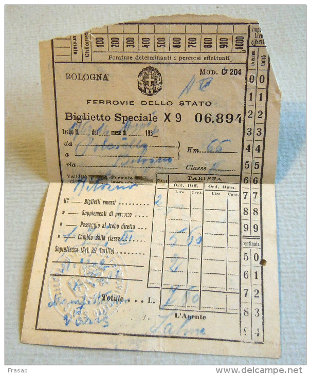 RARO FASCIO BIGLIETTO CAMBIO CLASSE  FERROVIE POLESSELLA BOLOGNA 1934 - Chemin De Fer