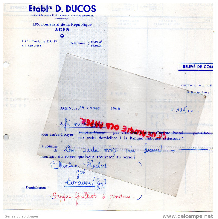 47 - AGEN - FACTURE  ETS . D. DUCOS- 185 BD DE LA REPUBLIQUE- - 1950 - ...