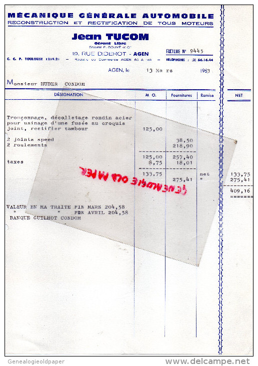 47 - AGEN - FACTURE  JEAN TUCOM -MECANIQUE GENERALE AUTOMOBILE- 19 RUE DIDEROT- 1963 - 1950 - ...