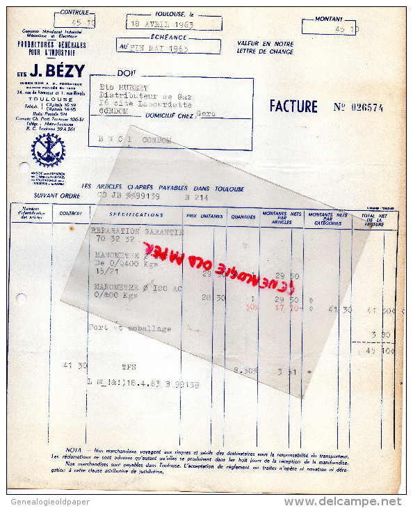 31 - TOULOUSE - FACTURE ETS J. BEZY- INGENIEUR- FOURNITURES POUT L' INDUSTRIE- 34 RUE REMUSAT-1963 - 1950 - ...