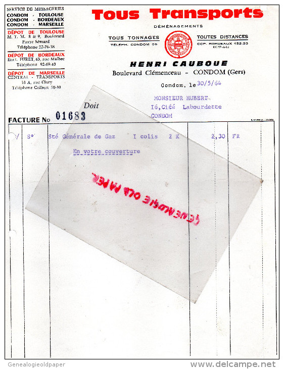 32 - CONDOM - FACTURE HENRI CAUBOUE- BD CLEMENCEAU- TRANSPORTS TOULOUSE-BORDEAUX-MARSEILLE-1964 - Transport