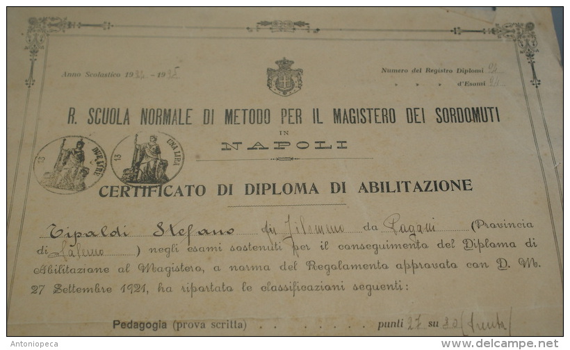 ITALIA REGNO 1935 - DIPLOMA DELLA REGIA SCUOLA NORMALE DI METODO  MAGISTERO DEI SORDOMUTI DI NAPOLI - Diplomi E Pagelle