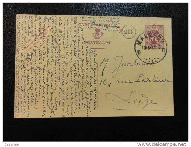 MALMEDY TO LIEGE Postal Stationery Card  Belgium - Eupen & Malmedy