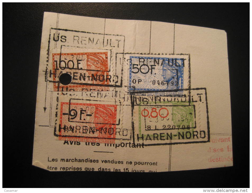 HAREN - NORD Us. RENAULT 1947 Fragment 4 Fiscales Timbre Revenue Fiscal Tax Postage Due Official BELGIUM - Documentos