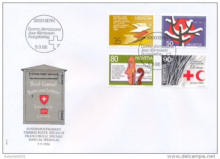 Switzerland 1986 FDC Peace Year - Winter Relief Fund - Protection Of Copyrights - International Red Cross Conference - FDC