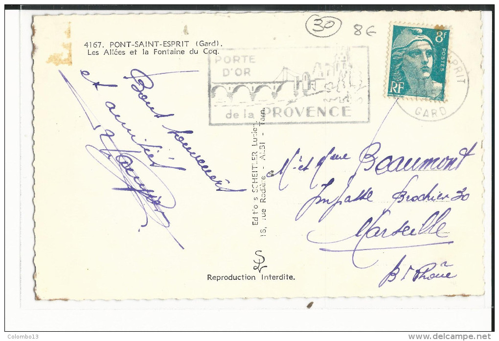 30  CPSM  PONT SAINT ESPRIT LES ALLEES ET LA FONTAINE DU COQ 1953 CAFE DES VOYAGEURS - Pont-Saint-Esprit