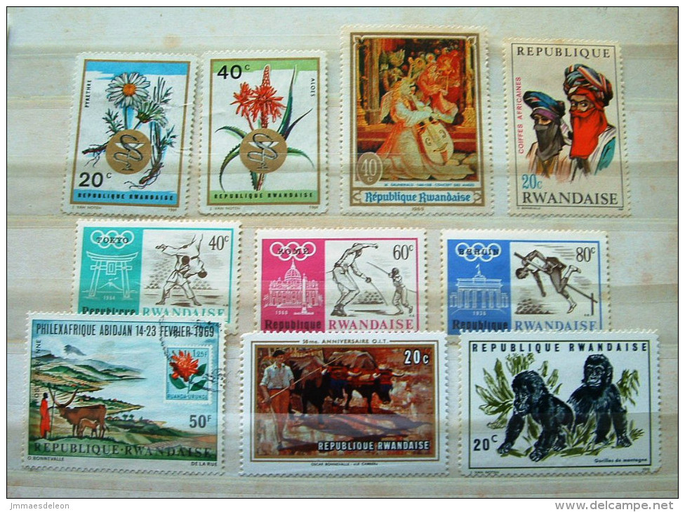 Rwanda 1968 - 1970 Olympics Judo Fencing Paintings Music Costumes Flowers Gorilla Ox Cart - Used Stamps