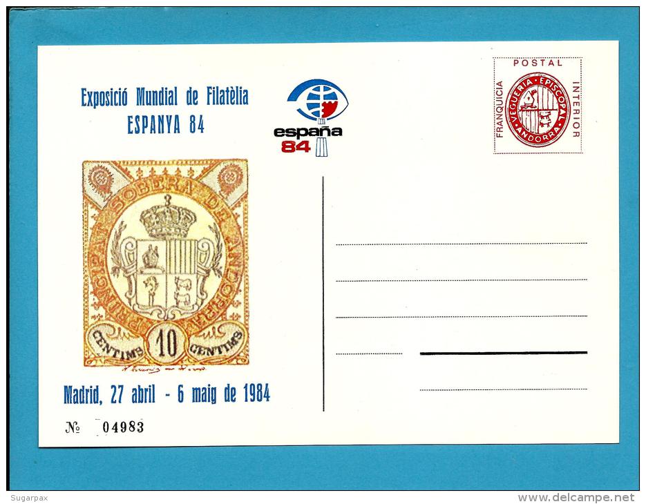 ESPAÑA 84 - Exposició Mundial De Filatelia - Postal Stationary - Andorra - Episcopal Viguerie